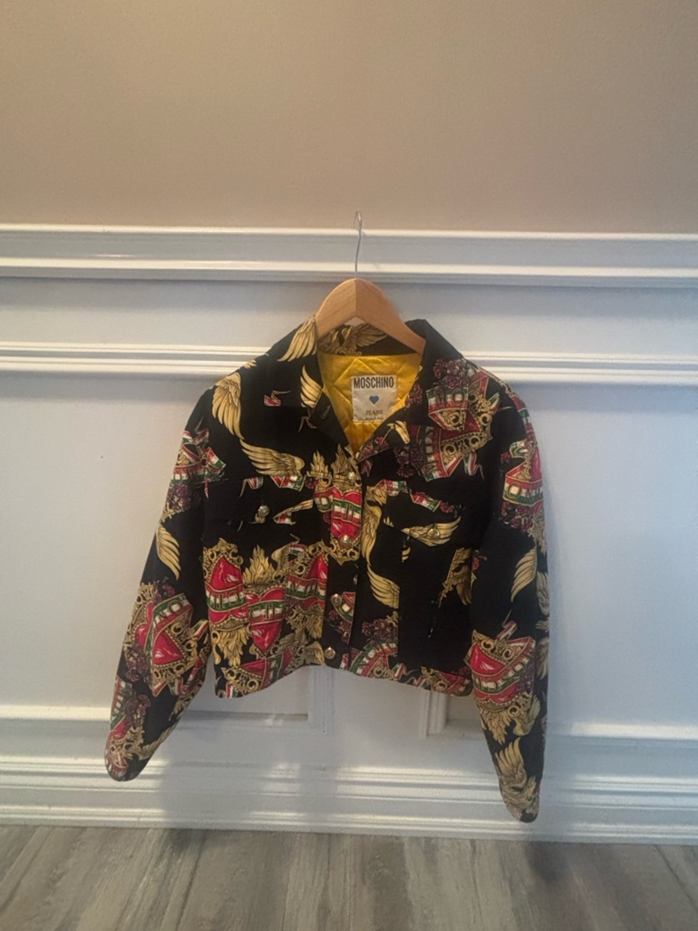 Moschino Black Cropped Bomber Jacket with Gold and Red Baroque Motif